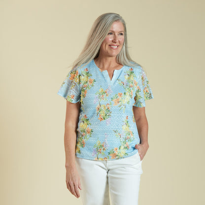 Christopher & Banks Women's Lemon Branch Floral Print Notch Neck Lace Top