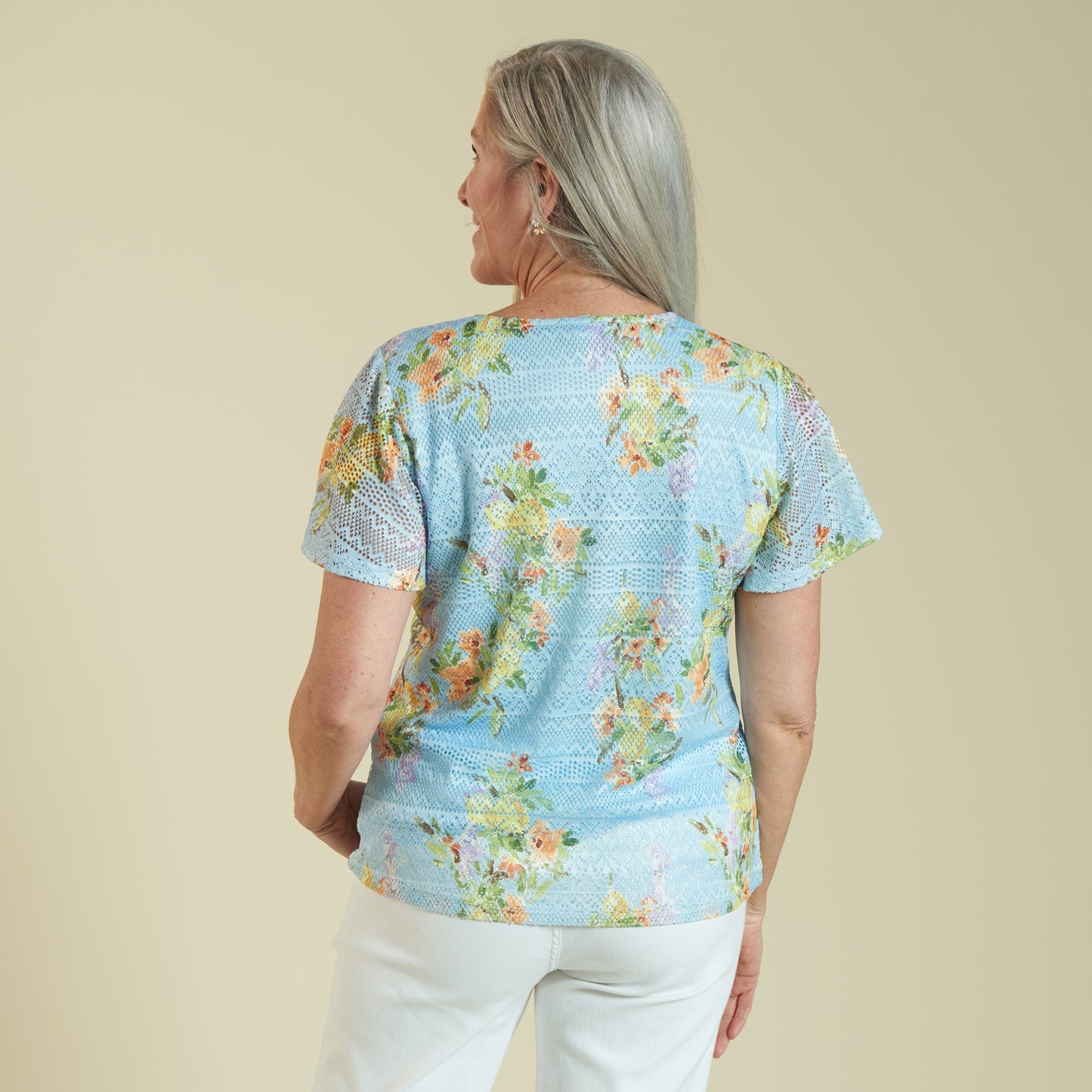 Christopher & Banks Women's Lemon Branch Floral Print Notch Neck Lace Top