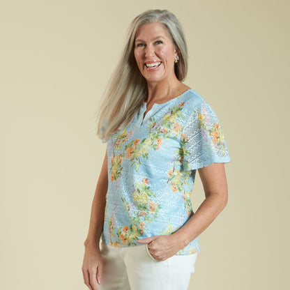 Christopher & Banks Women's Lemon Branch Floral Print Notch Neck Lace Top
