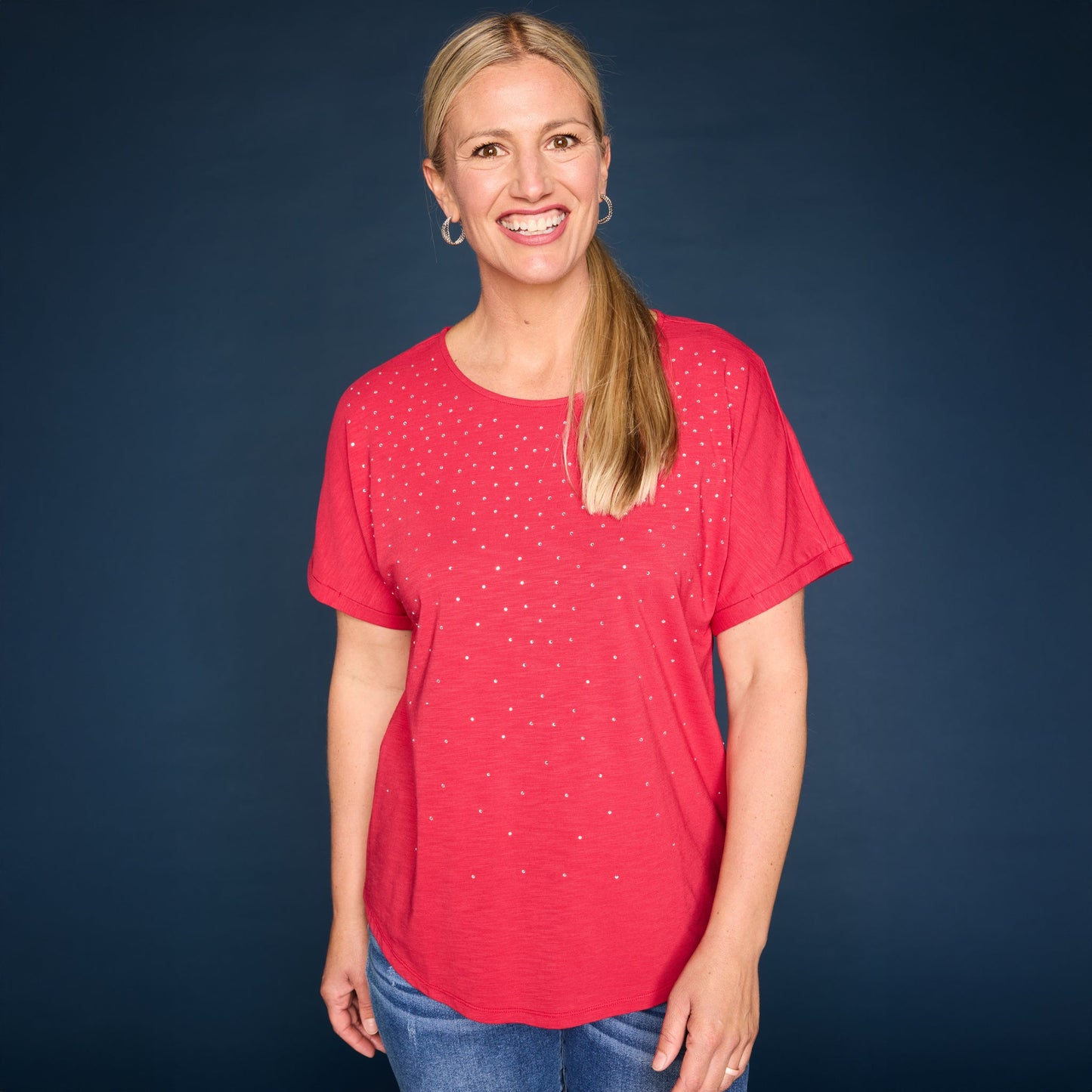 Christopher & Banks Women's Relaxed Restyled Bling Jewel Neck Short Sleeve Tee