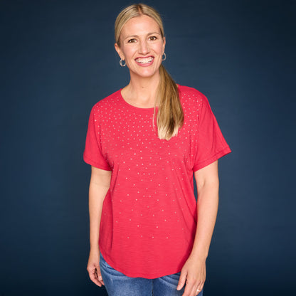 Christopher & Banks Women's Relaxed Restyled Bling Jewel Neck Short Sleeve Tee