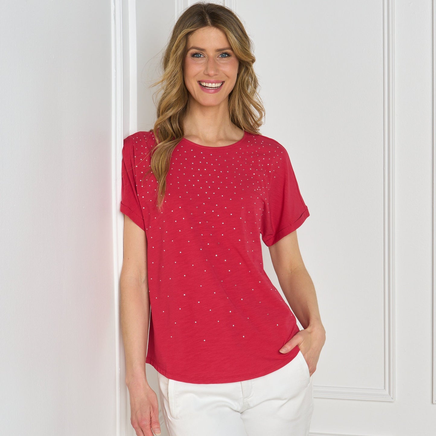 Christopher & Banks Women's Relaxed Restyled Bling Jewel Neck Short Sleeve Tee