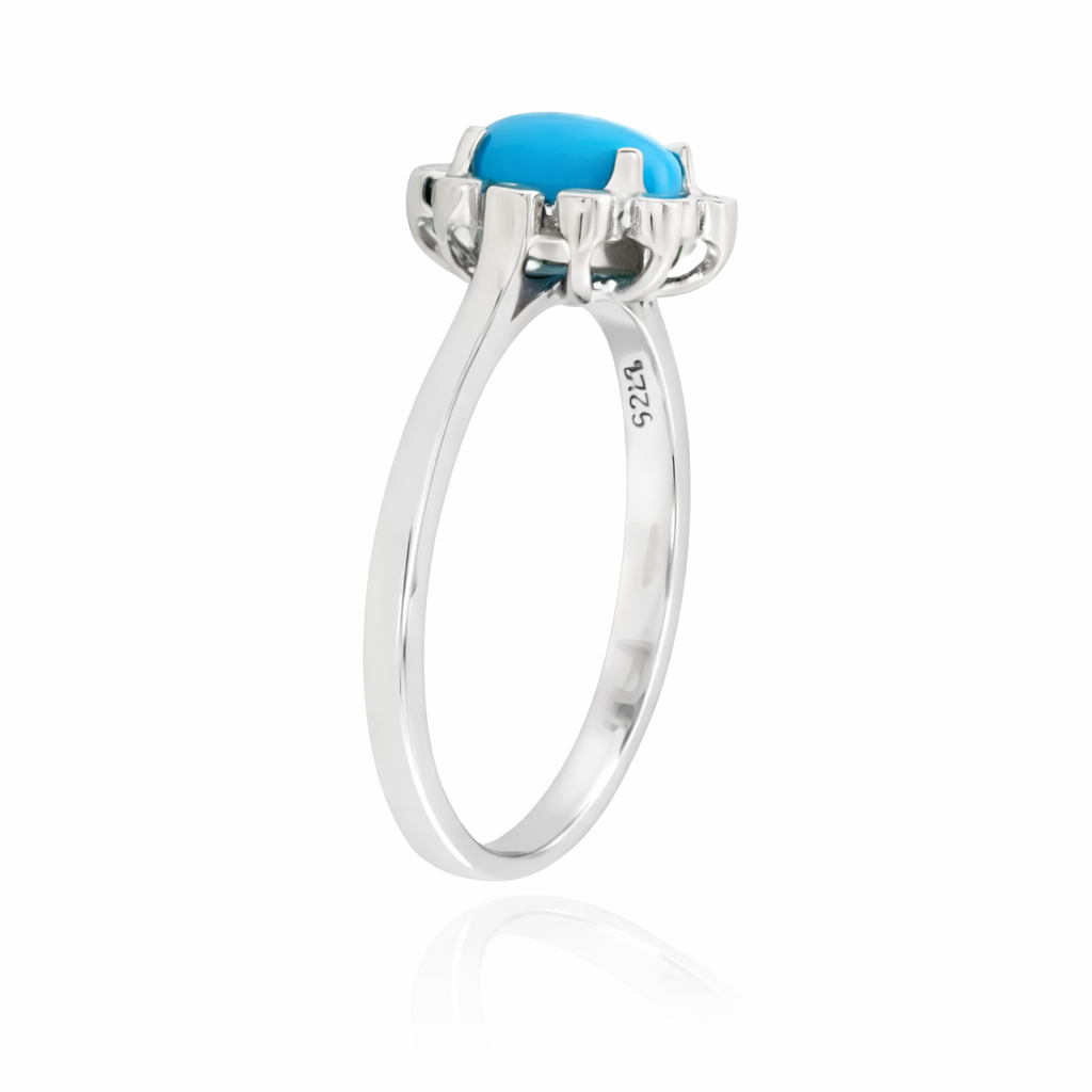 Sterling Silver 8x6mm Sleeping Beauty Turq Bezel-Set Gemstone Halo Ring