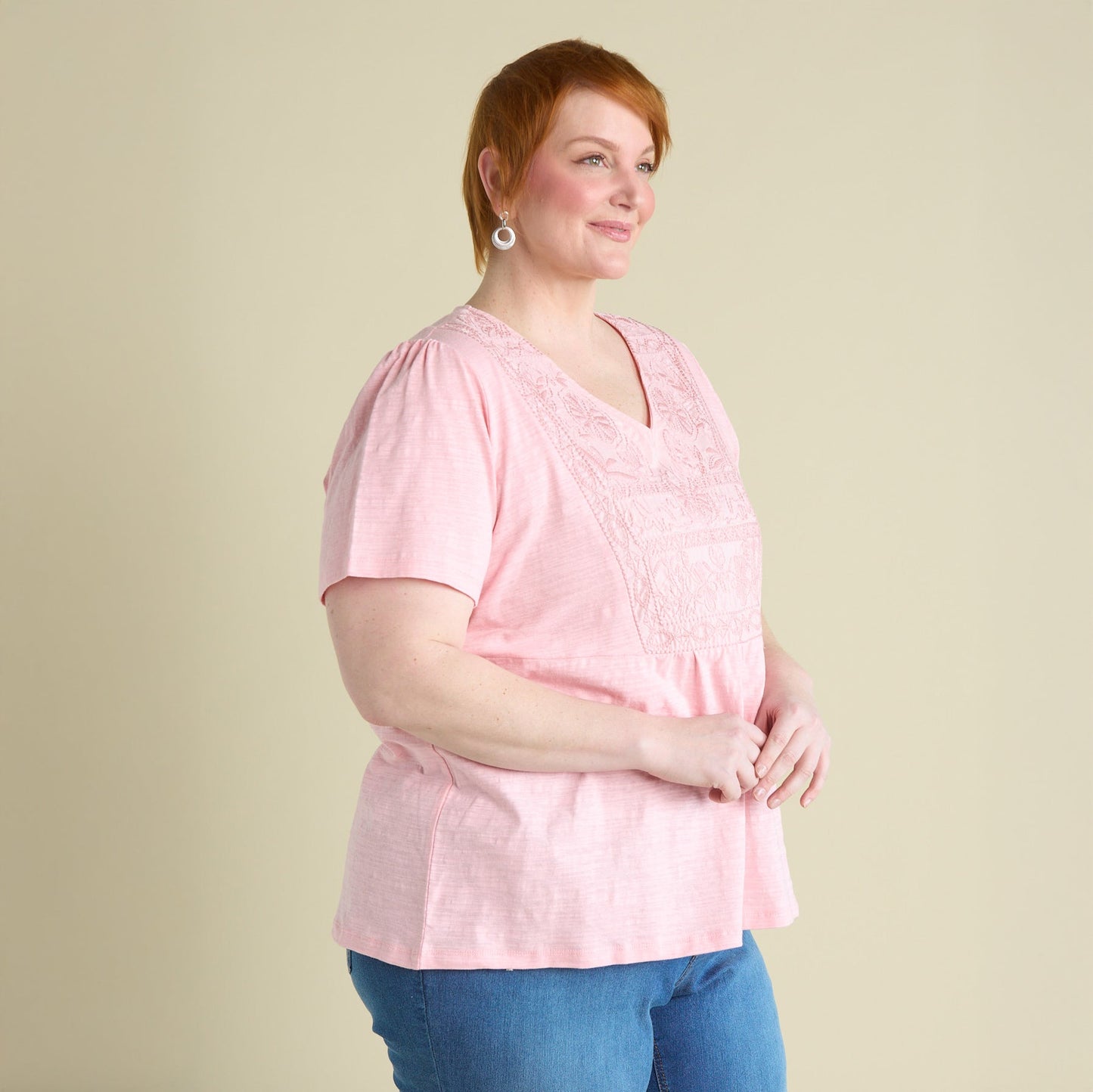 Christopher & Banks Women's Embroidered Bib V-Neck Short Sleeve Tee