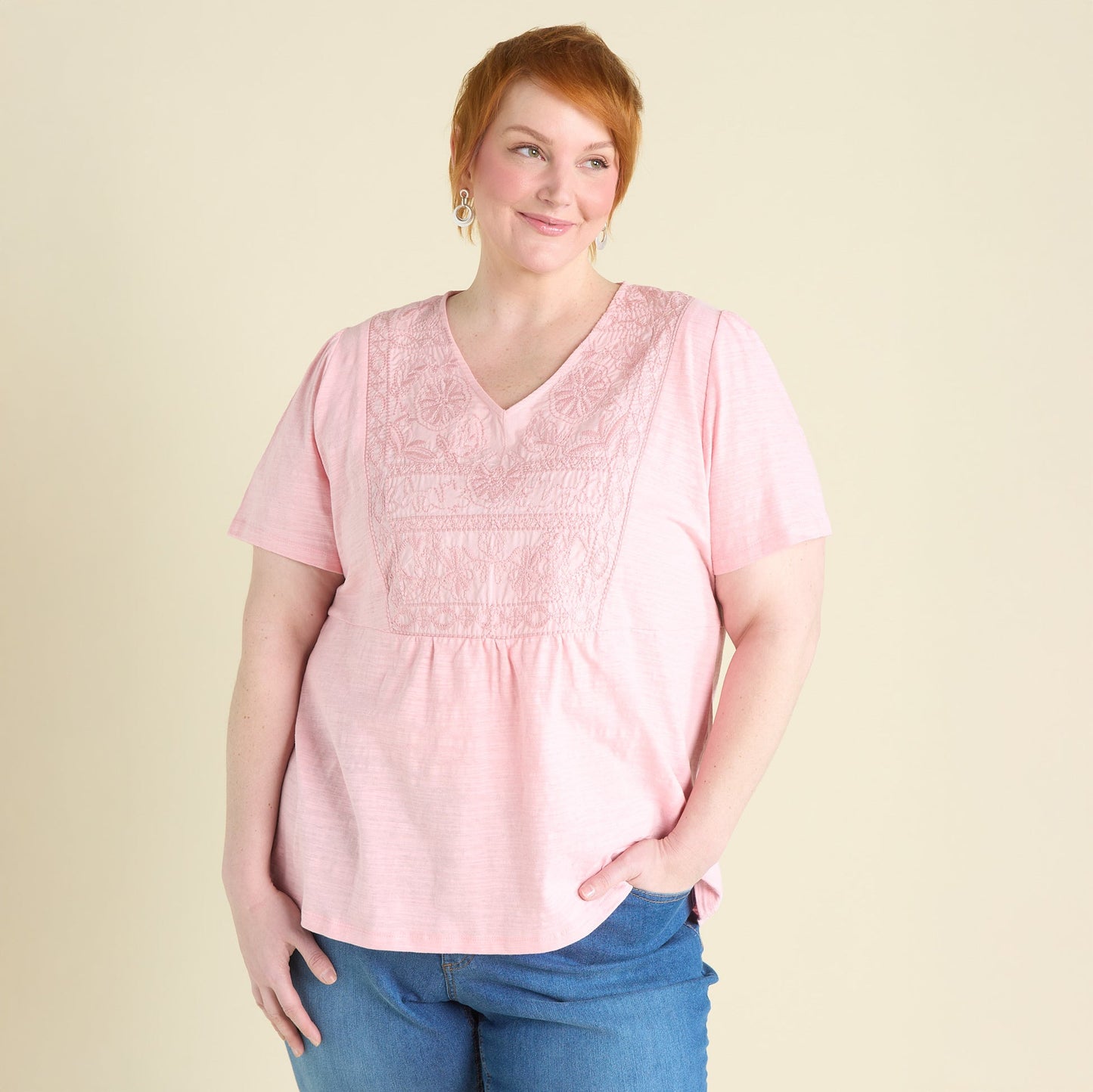 Christopher & Banks Women's Embroidered Bib V-Neck Short Sleeve Tee