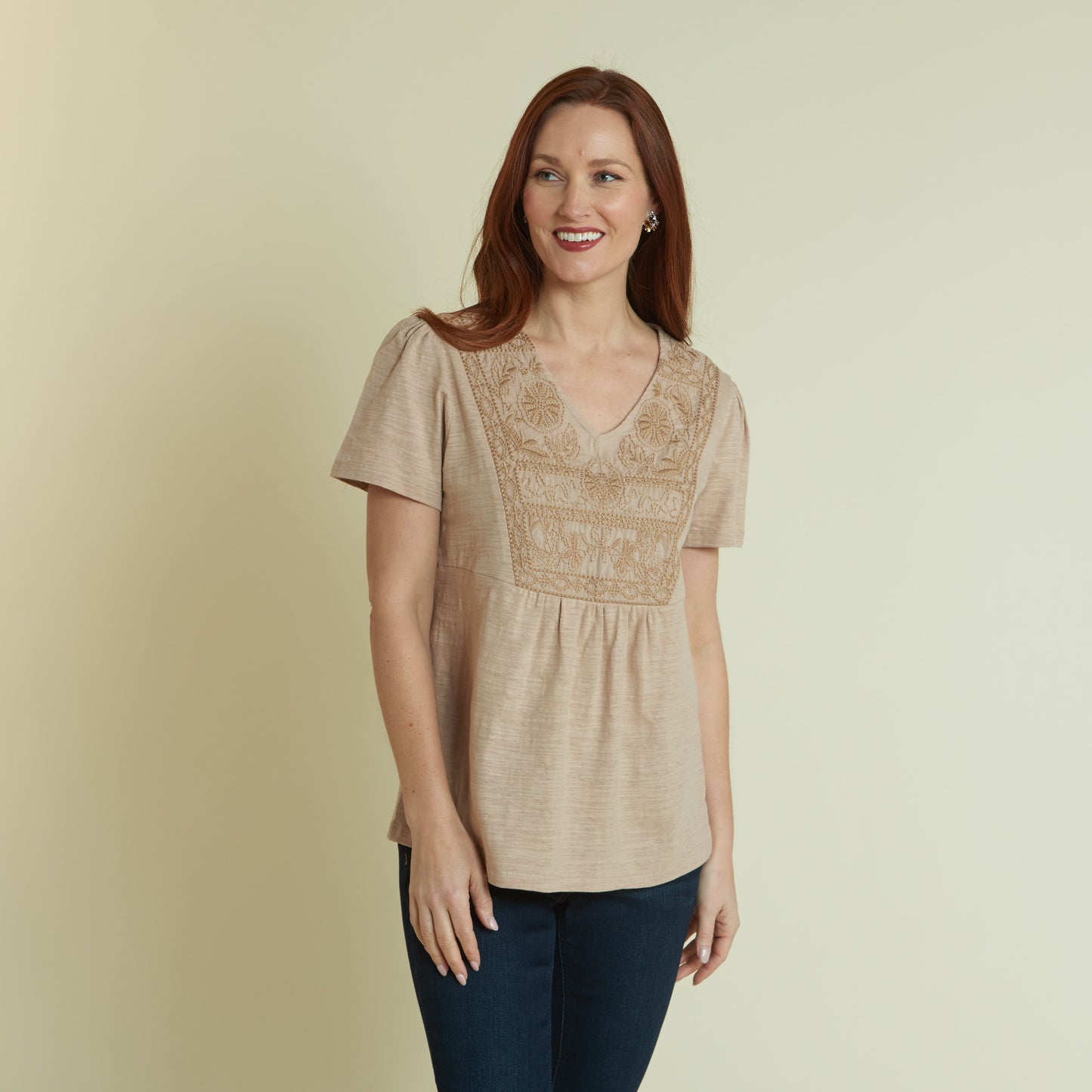 Christopher & Banks Women's Embroidered Bib V-Neck Short Sleeve Tee