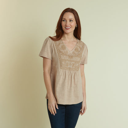 Christopher & Banks Women's Embroidered Bib V-Neck Short Sleeve Tee