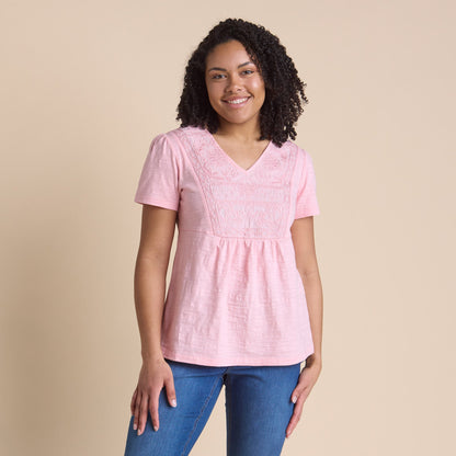 Christopher & Banks Women's Embroidered Bib V-Neck Short Sleeve Tee