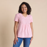 Christopher & Banks Women's Embroidered Bib V-Neck Short Sleeve Tee