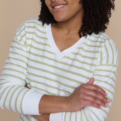 Christopher & Banks Women's Textured Stripe Long Sleeve V-Neck Sweatshirt