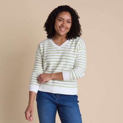 Christopher & Banks Women's Textured Stripe Long Sleeve V-Neck Sweatshirt