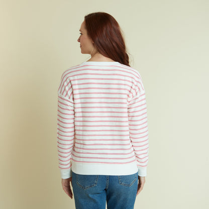Christopher & Banks Women's Textured Stripe Long Sleeve V-Neck Sweatshirt