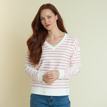 Christopher & Banks Women's Textured Stripe Long Sleeve V-Neck Sweatshirt