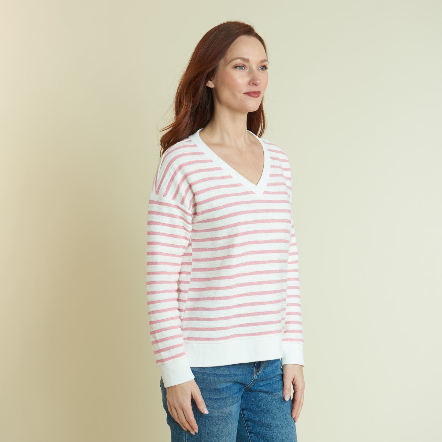 Christopher & Banks Women's Textured Stripe Long Sleeve V-Neck Sweatshirt