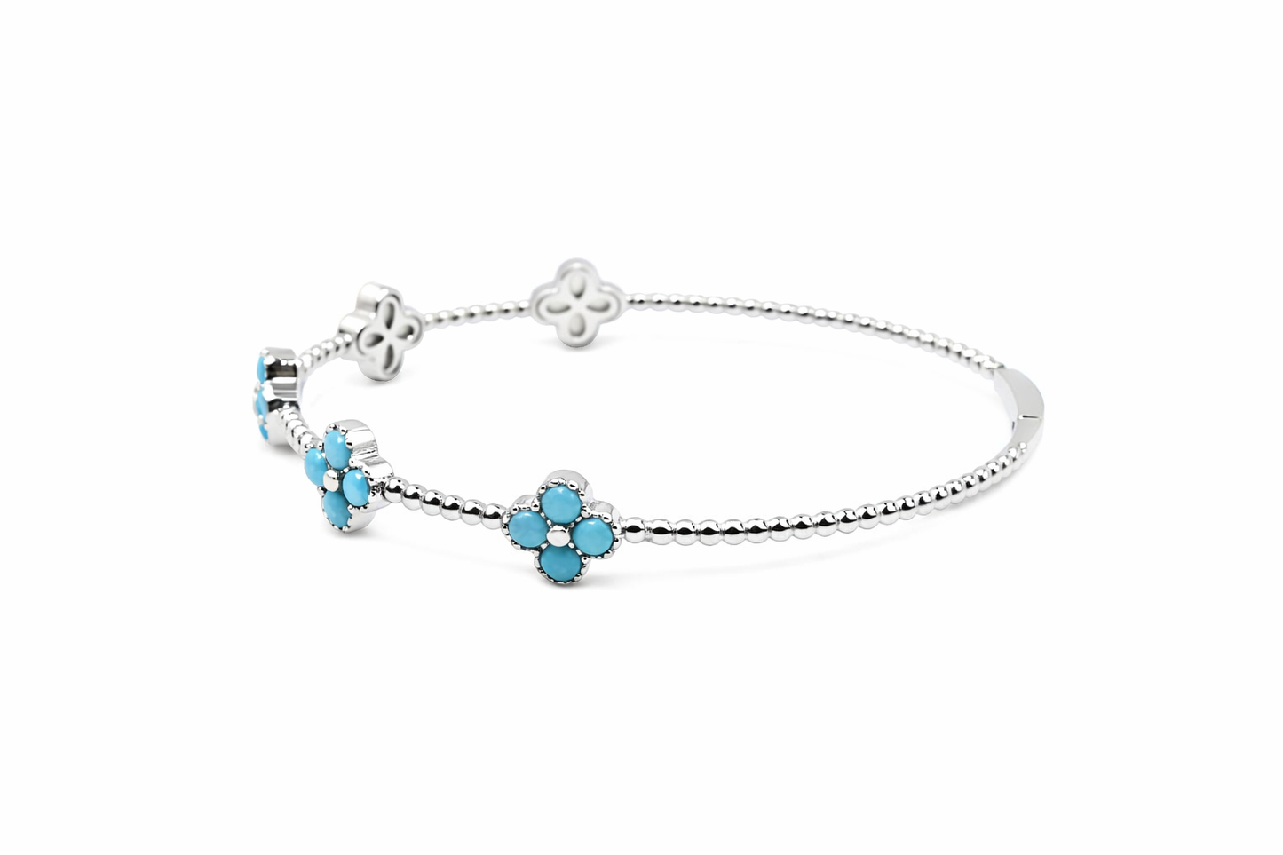Sterling Silver 3mm Round Sleeping Beauty Turq Cluster Beaded Bangle Bracelet