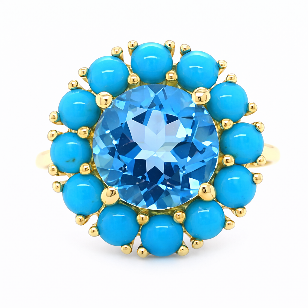 Gold Plated 9mm Swiss Blue Topaz & Sleeping Beauty Turq Halo Ring