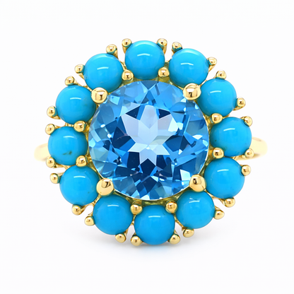 Gold Plated 9mm Swiss Blue Topaz & Sleeping Beauty Turq Halo Ring