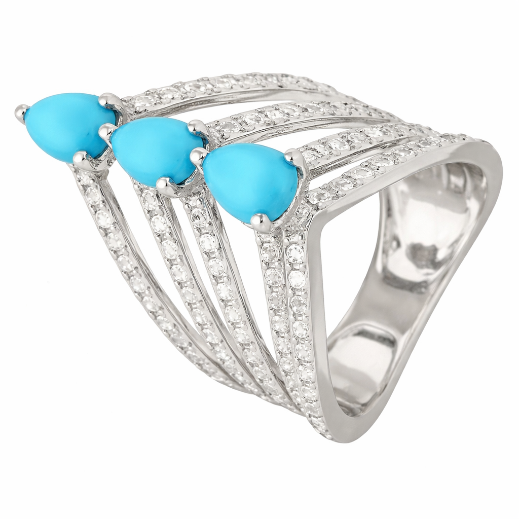 Sterling Silver Pear-Shaped Sleeping Beauty Turq & White Zircon Chevron Ring