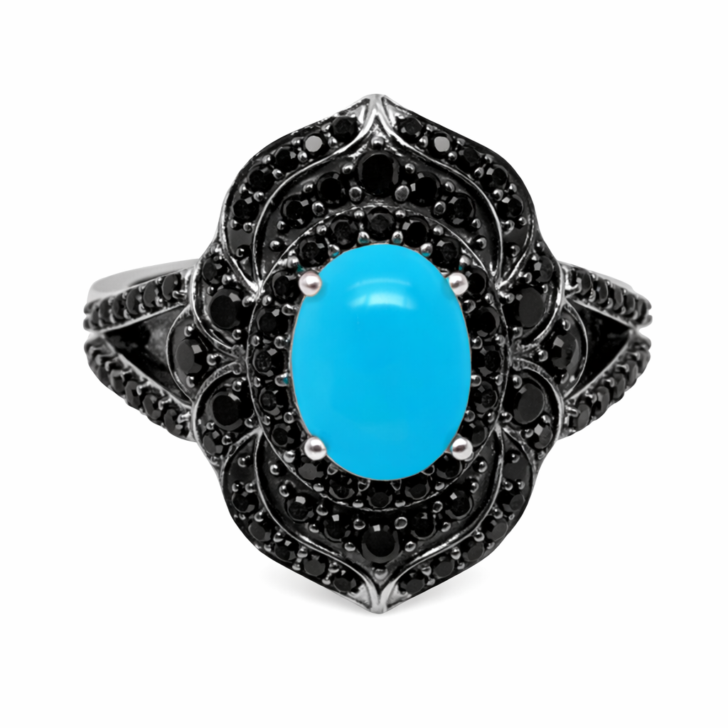 Sterling Silver 8x6mm Sleeping Beauty Turq & Black Spinel Pave Ring