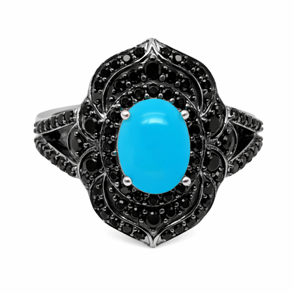 Sterling Silver 8x6mm Sleeping Beauty Turq & Black Spinel Pave Ring