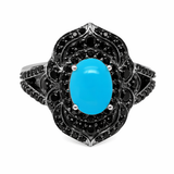 Sterling Silver 8x6mm Sleeping Beauty Turq & Black Spinel Pave Ring