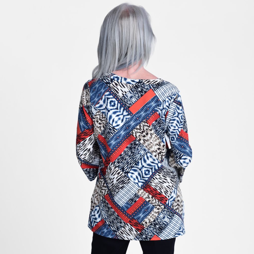 Christopher & Banks Patchwork Bell Sleeve Y Neck Tunic