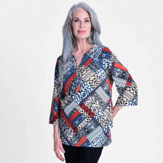 Christopher & Banks Patchwork Bell Sleeve Y Neck Tunic