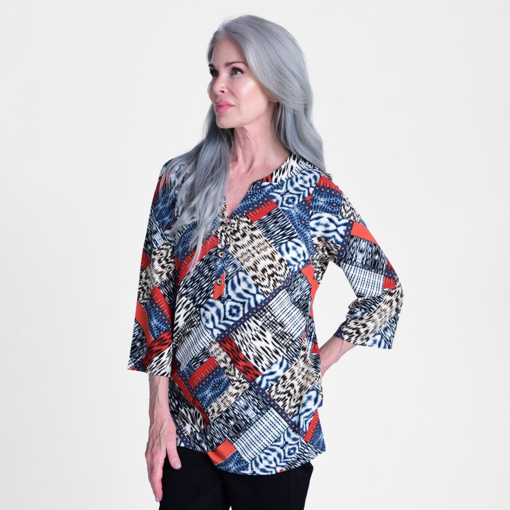 Christopher & Banks Patchwork Bell Sleeve Y Neck Tunic