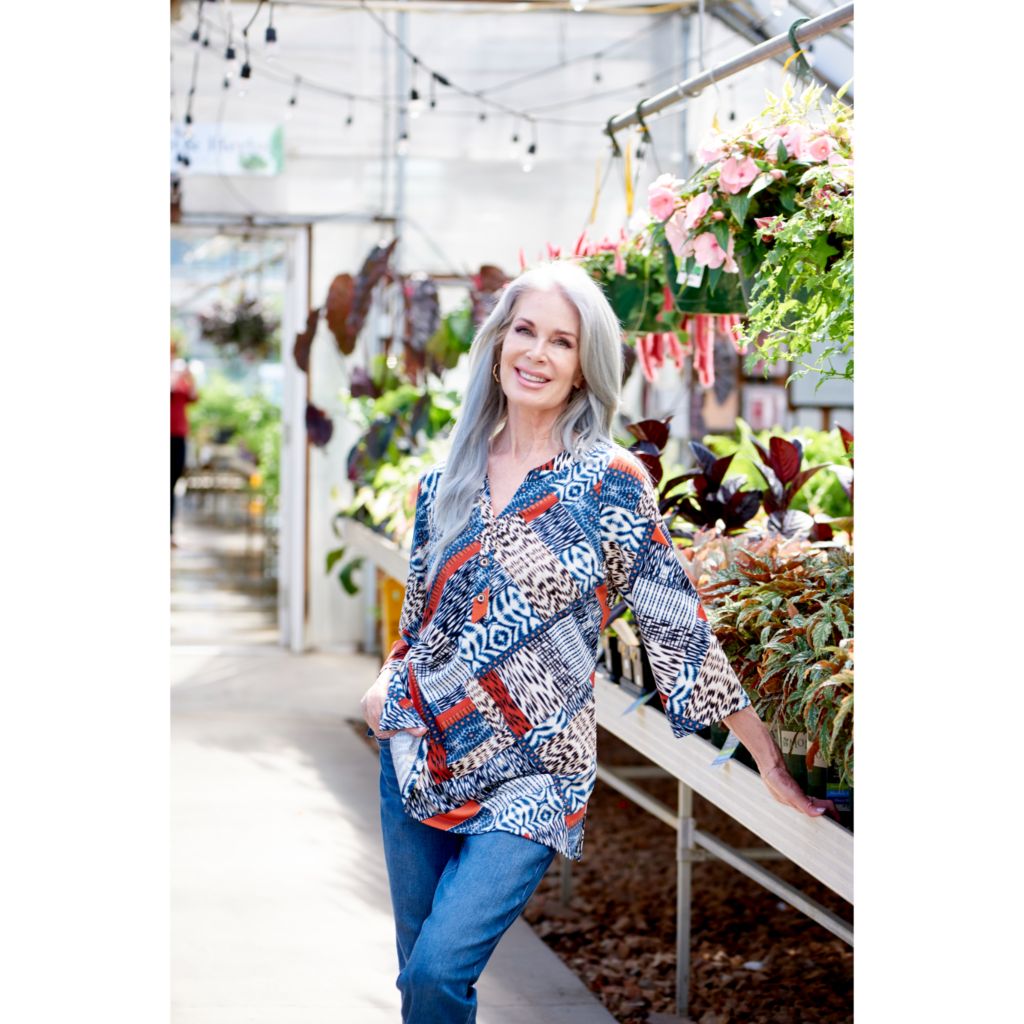 Christopher & Banks Patchwork Bell Sleeve Y Neck Tunic