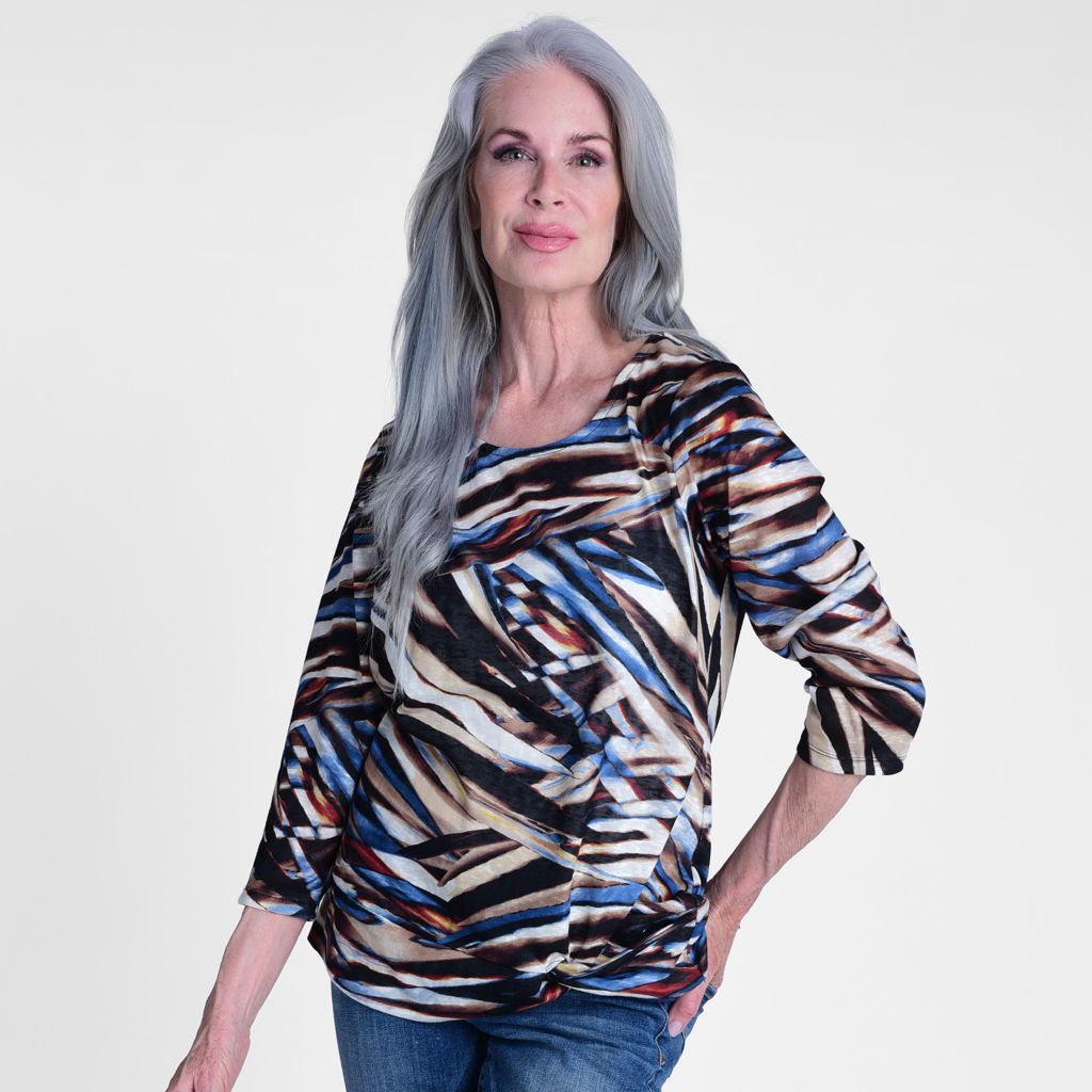 Christopher & Banks Abstract Print Twist Hem 3/4 Sleeve Top