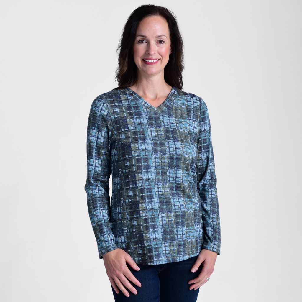 Christopher & Banks Plaid Print V Neck Long Sleeve Top
