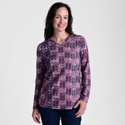 Christopher & Banks Plaid Print V Neck Long Sleeve Top