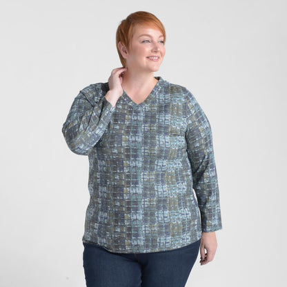 Christopher & Banks Plaid Print V Neck Long Sleeve Top