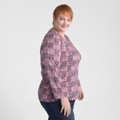 Christopher & Banks Plaid Print V Neck Long Sleeve Top