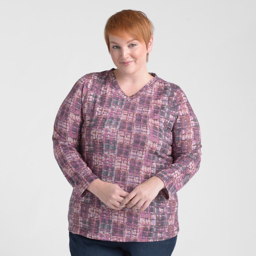 Christopher & Banks Plaid Print V Neck Long Sleeve Top