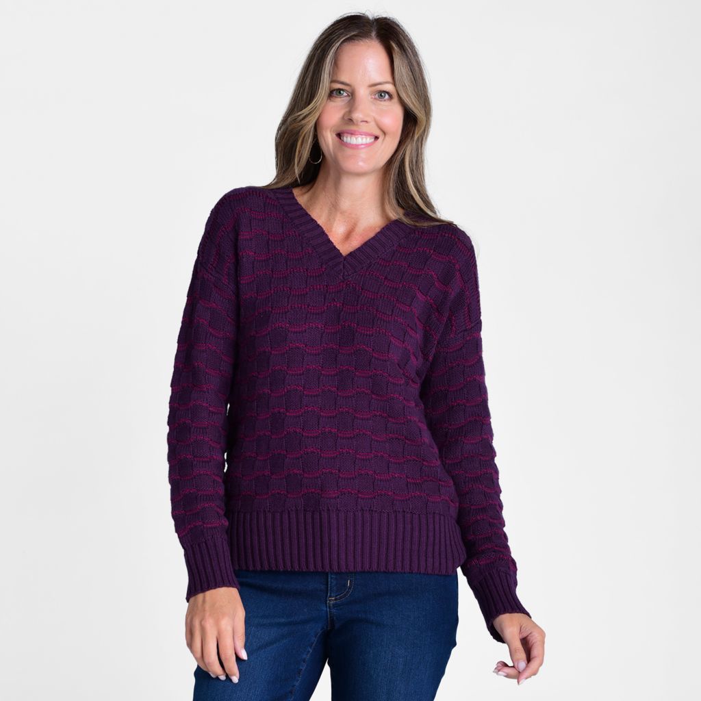 Christopher & Banks Pointelle Stripe Long Sleeve V Neck Sweater