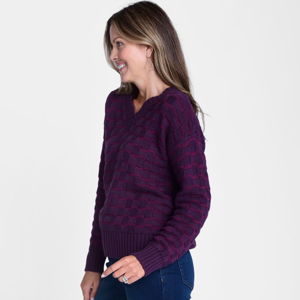 Christopher & Banks Pointelle Stripe Long Sleeve V Neck Sweater