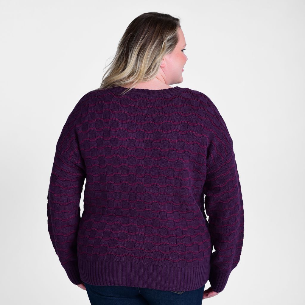 Christopher & Banks Pointelle Stripe Long Sleeve V Neck Sweater