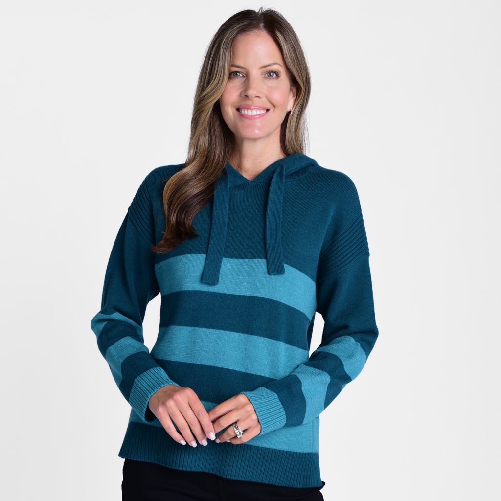Christopher & Banks Stripe Ribbed Detail Hooded Sweater
