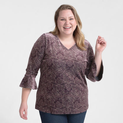 Christopher & Banks Medallion Print Velour Knit Bell Sleeve Top