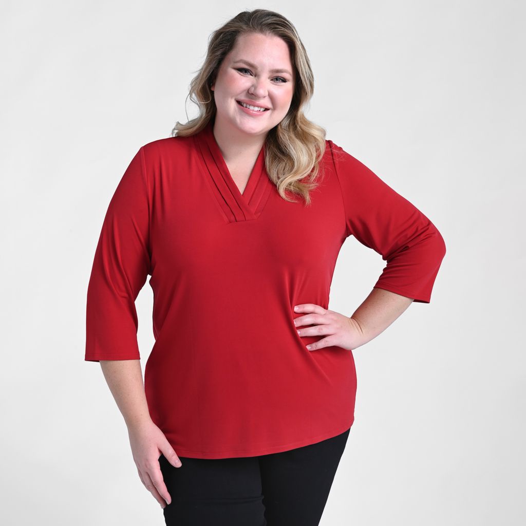 Christopher & Banks Pleated V Neck 3/4 Sleeve Top