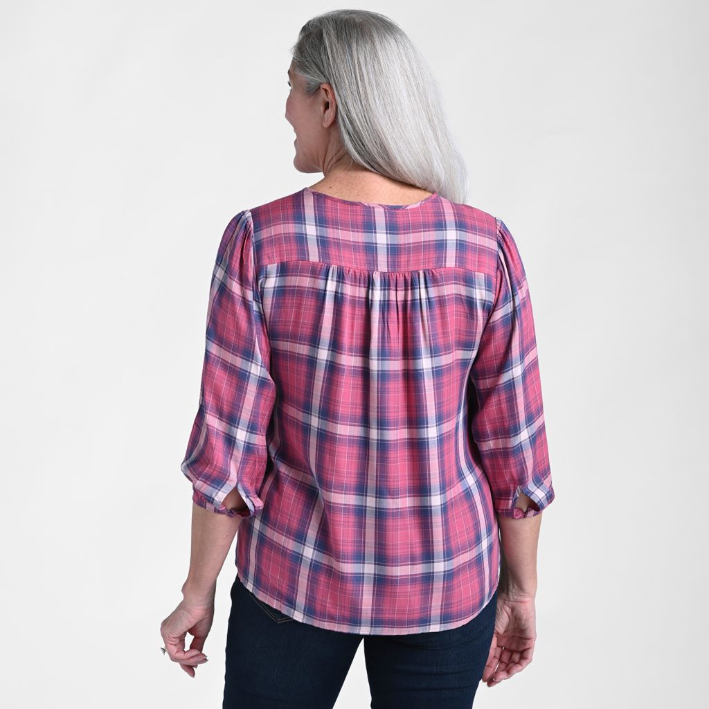 Christopher & Banks 3/4 Sleeve Pleated Front Plaid Blouse
