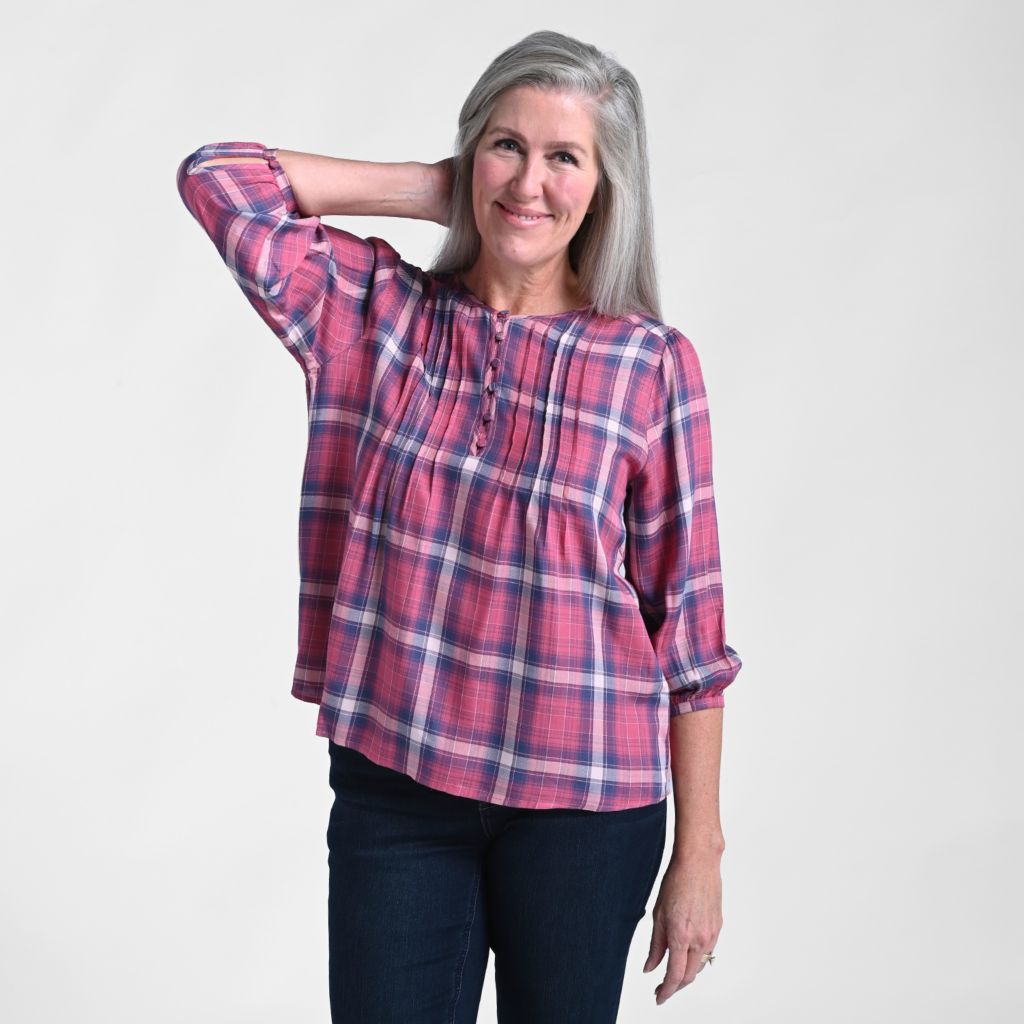 Christopher & Banks 3/4 Sleeve Pleated Front Plaid Blouse