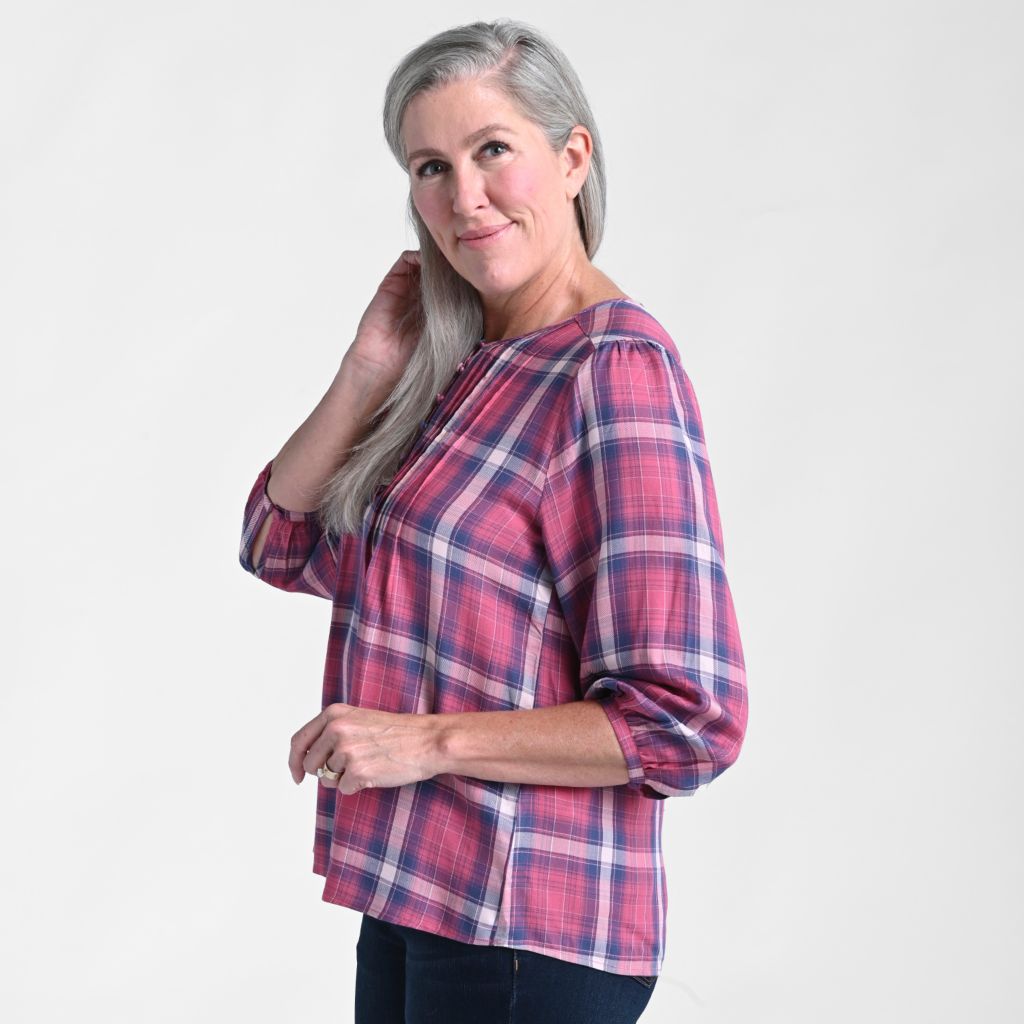 Christopher & Banks 3/4 Sleeve Pleated Front Plaid Blouse