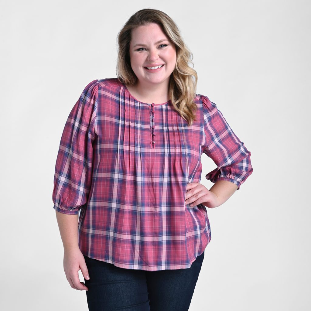 Christopher & Banks 3/4 Sleeve Pleated Front Plaid Blouse