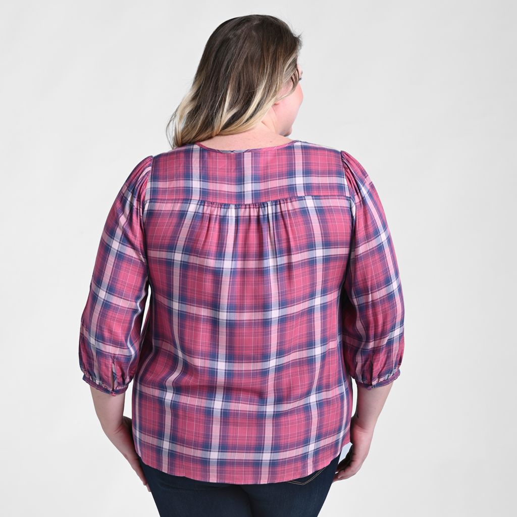 Christopher & Banks 3/4 Sleeve Pleated Front Plaid Blouse