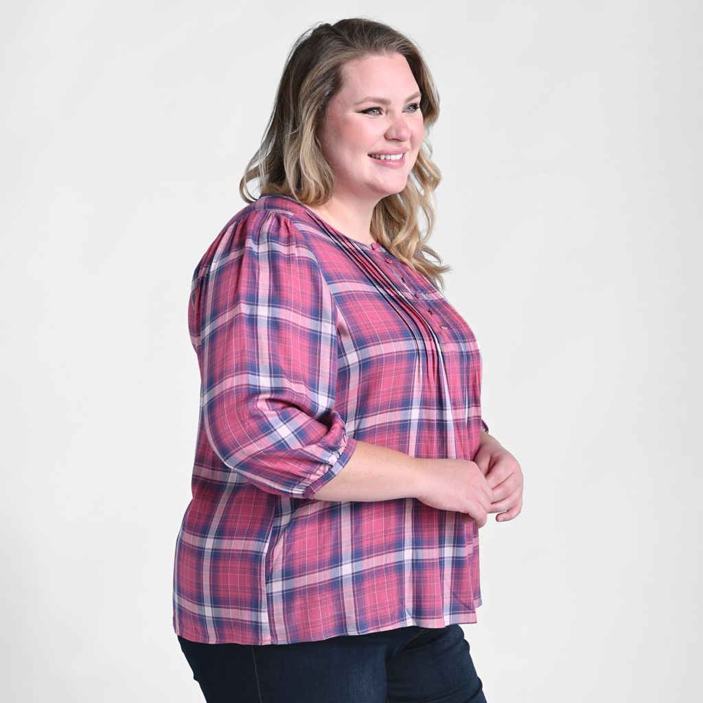 Christopher & Banks 3/4 Sleeve Pleated Front Plaid Blouse