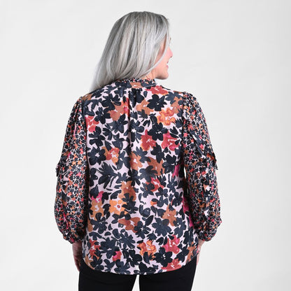 Christopher & Banks Mixed Print Ruffled Long Sleeve Blouse