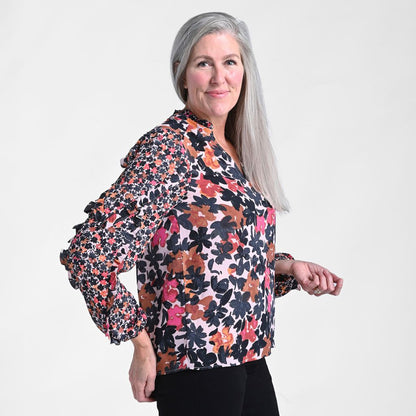 Christopher & Banks Mixed Print Ruffled Long Sleeve Blouse