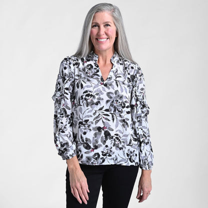 Christopher & Banks Mixed Print Ruffled Long Sleeve Blouse